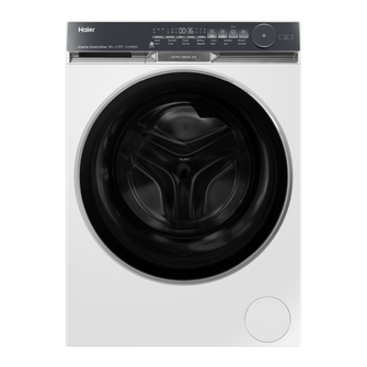 White Haier front load washing machine with the door closed on a white background