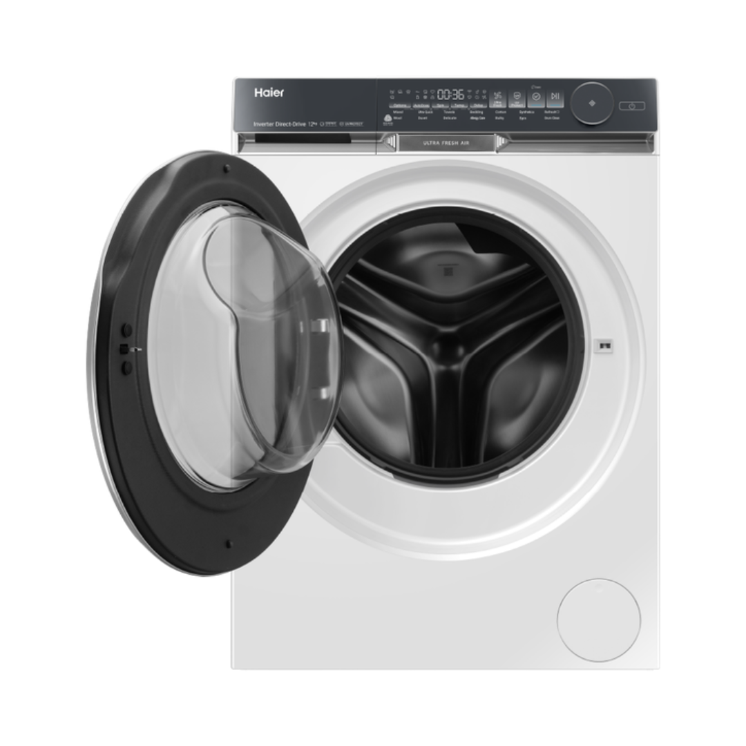 White Haier front load washing machine with open door on a white background