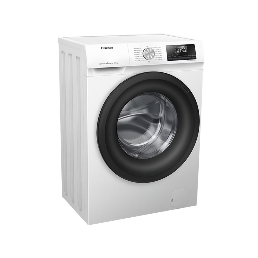 Angle view of the Hisense 7.5kg front load washing machine in a white finish with the door closed, showing the left side panel, detergent dispenser, control knob and digital display. 
