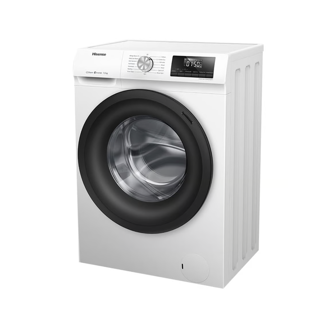 Angle view of the Hisense 7.5kg front load washing machine in a white finish with the door closed, showing the right side panel, digital display, control knob and detergent dispenser. 