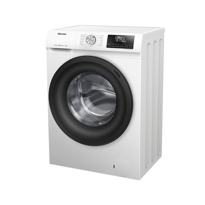 Angle view of the Hisense 7.5kg front load washing machine in a white finish with the door closed, showing the right side panel, digital display, control knob and detergent dispenser. 