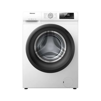 Front view of the Hisense 7.5kg front load washing machine in a white finish with the door closed, showing the digital display, control knob and detergent dispenser. 