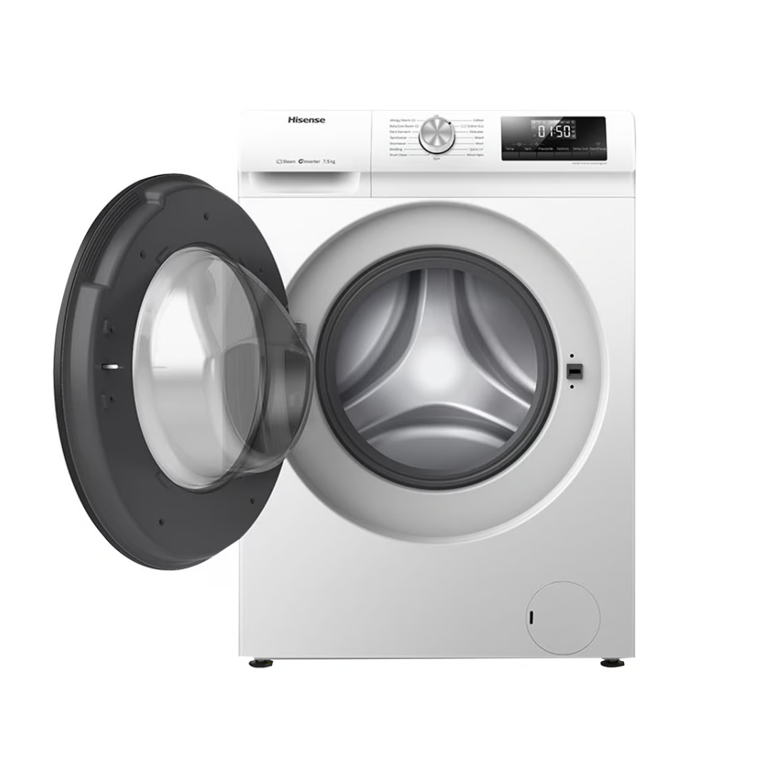 Front view of the Hisense 7.5kg front load washing machine with the door open, showing the stainless steel interior drum, digital display, control knob and detergent dispenser. 