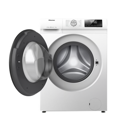 Front view of the Hisense 7.5kg front load washing machine with the door open, showing the stainless steel interior drum, digital display, control knob and detergent dispenser. 