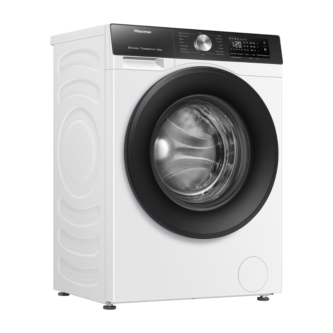 Angle view of the Hisense 8.5kg front load washing machine in white with the door closed, showing the top panel with the detergent dispenser, control knob and digital display. 