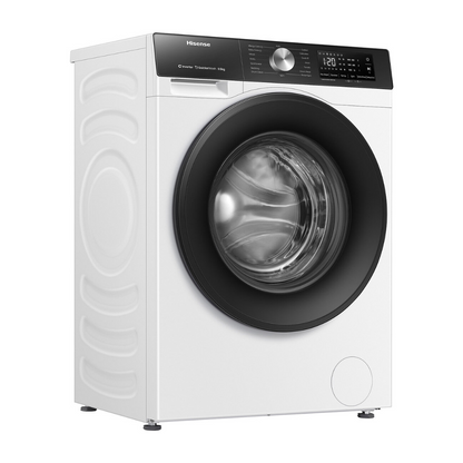 Angle view of the Hisense 8.5kg front load washing machine in white with the door closed, showing the top panel with the detergent dispenser, control knob and digital display. 