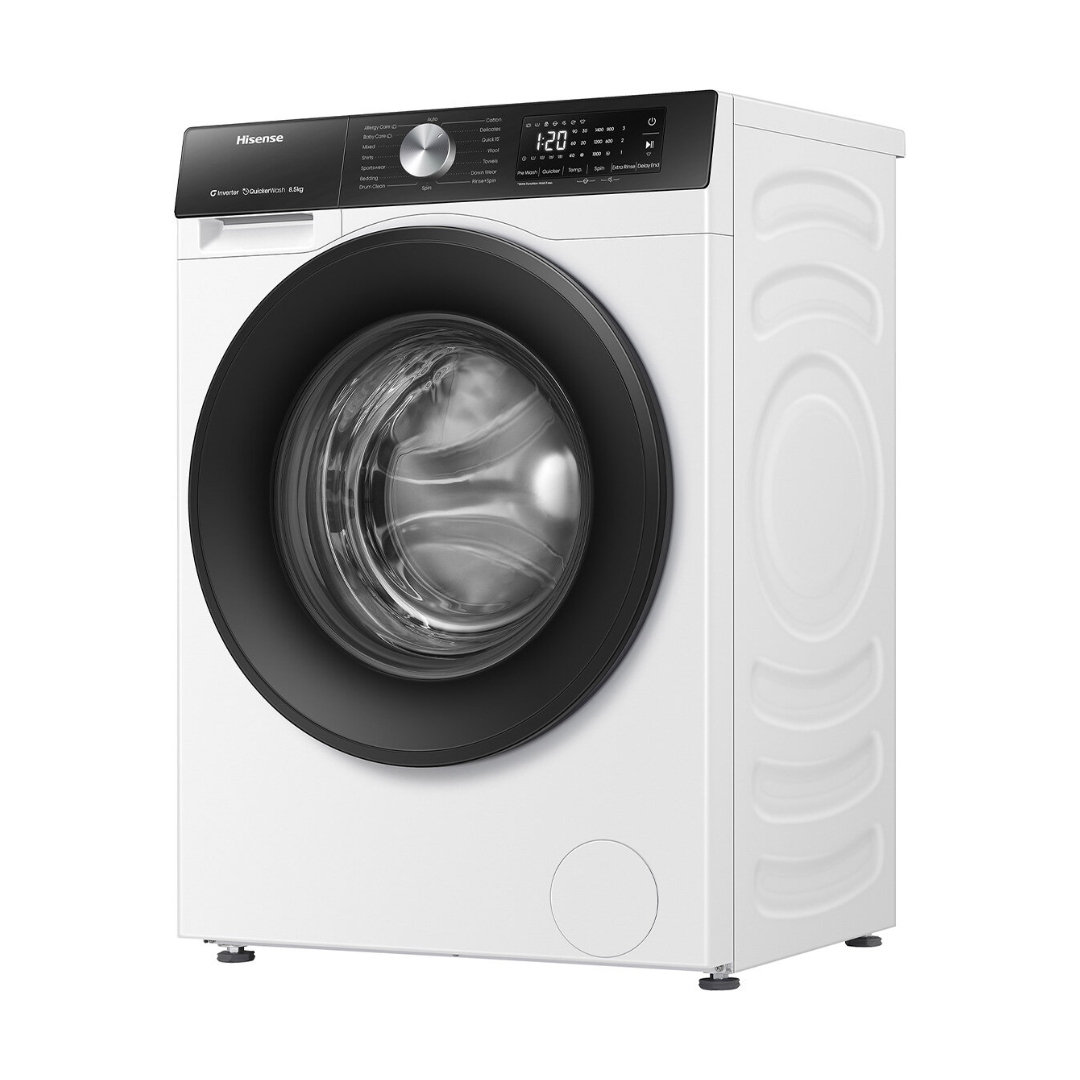 Angle view of the Hisense 8.5kg front load washing machine in white with the door closed, showing the top panel with the digital display, control knob, and detergent dispenser. 