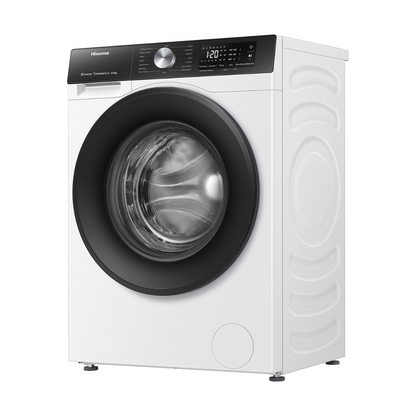 Angle view of the Hisense 8.5kg front load washing machine in white with the door closed, showing the top panel with the digital display, control knob, and detergent dispenser. 