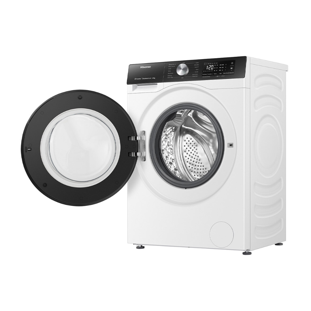 Angle view of the Hisense 8.5kg front load washing machine in white with the door open, showing the interior drum, the top panel with the digital display, control knob, and detergent dispenser.