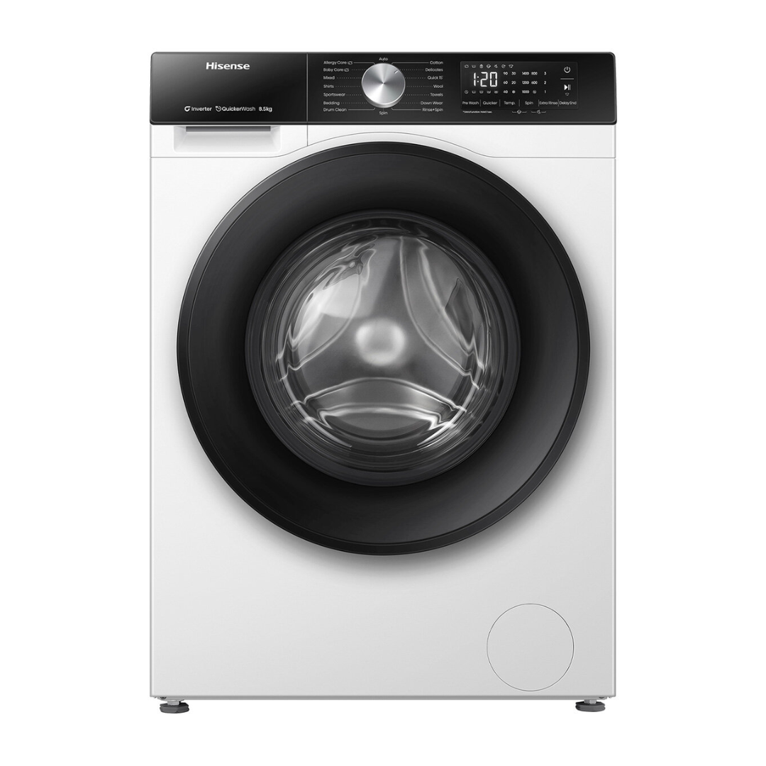 Front view of the Hisense 8.5kg front load washing machine in white with the door closed, showing the control knob, digital display and the detergent compartment on the top panel. 
