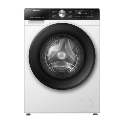 Front view of the Hisense 8.5kg front load washing machine in white with the door closed, showing the control knob, digital display and the detergent compartment on the top panel. 