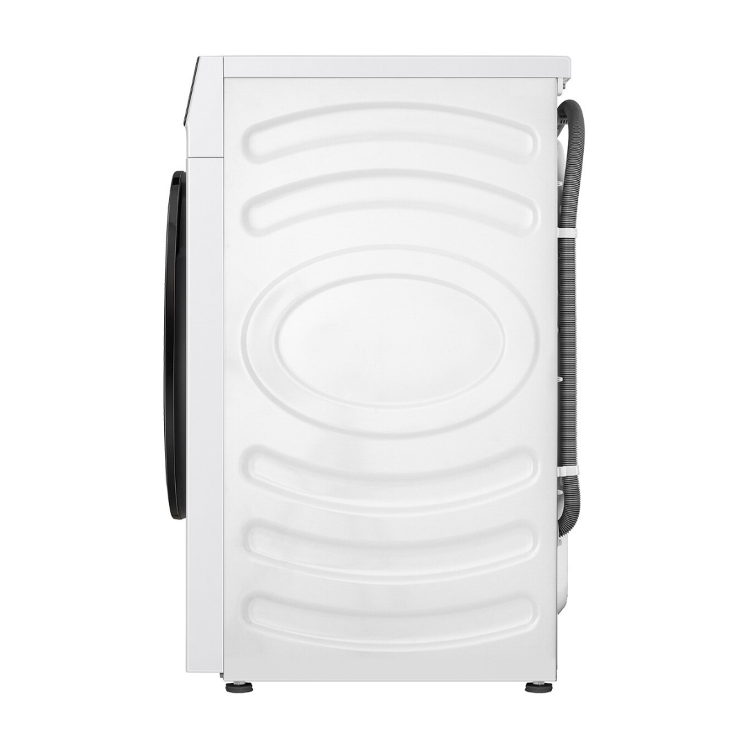 Side view of the Hisense 8.5kg front load washing machine, showing the side profile of the product, and the drainage hose.