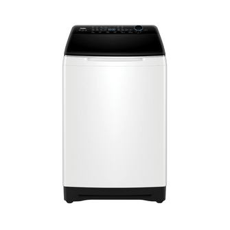 Front view of the Haier 12kg top load washing machine in a white finish, with the lid closed showing the control panel, which has an electric rotary control panel, digital display and LED lights to indicate which cycle or function is in use. 