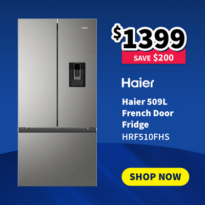 Haier French door fridge with promotional pricing on sale now $1399 - Save $200 on a blue background