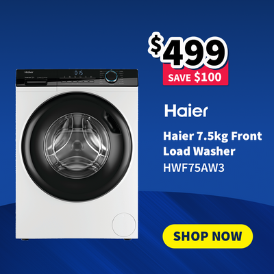 Haier 7.5kg front load washer on sale now $499 - Save $100 and 'Shop Now' button on a blue background