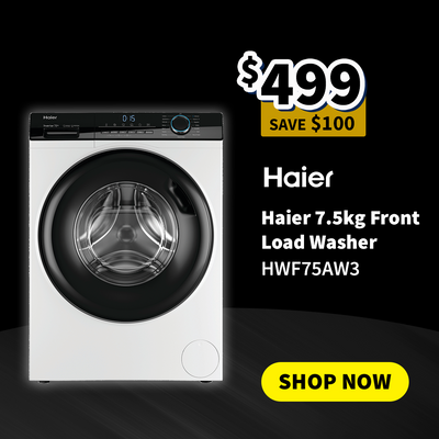 Haier 7.5kg front load washer with price on sale now $499 save $100 and 'Shop Now' button on a black background
