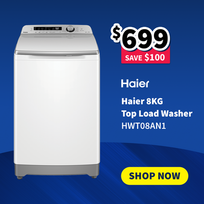 Haier 8KG top load washer with price and 'Shop Now' button on a blue background - on sale now $699 - Save $100