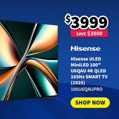 Hisense ULED TV advertisement with price on sale now $3999 - Save $300 and features on a blue background