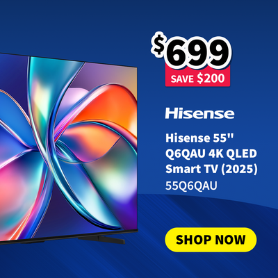 Hisense 55-inch Q6QAU 4K QLED Smart TV with pricing on sale now $699 - Save $200 and 'Shop Now' button on a blue background