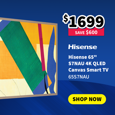 Advertisement for Hisense 65-inch QLED Canvas Smart TV with price and 'Shop Now' button on a blue background - on sale now $1699 - Save $600