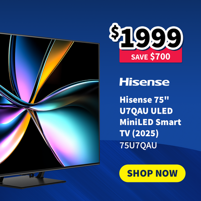 Hisense 75" ULED Smart TV with promotional pricing on sale now $1999 - Save $700 on a blue background