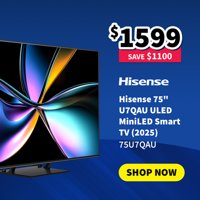 Hisense 75-inch ULED Smart TV with price on sale now $1599 - Save $1100 and 'Shop Now' button on a blue background