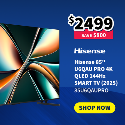 Hisense 85-inch TV with promotional pricing on sale now $2499 - save $800 on a blue background