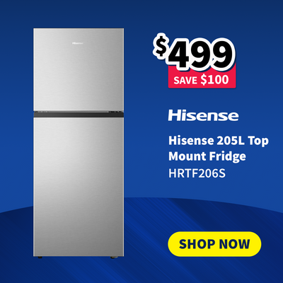 Hisense Top Mount refrigerator with promotional text on sale now $499 - Save $100 on a blue background