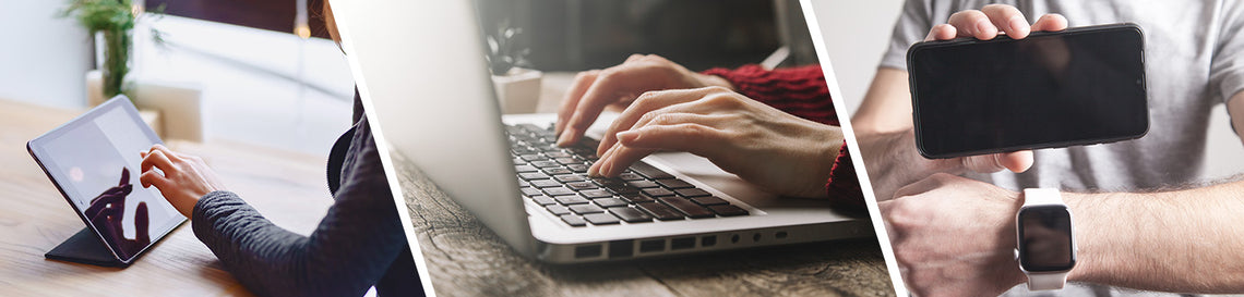 The image depicts three scenarios of people using modern electronic devices:  Tablet Interaction, Smartphone Use, also wearing a smartwatch. The three sections are visually connected by similar lighting conditions and focus on human interaction with technology.