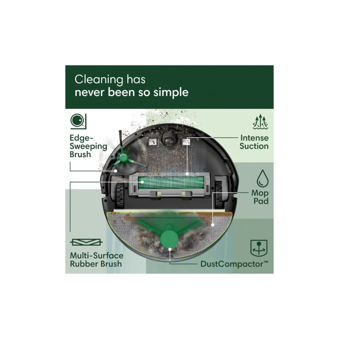 iRobot Roomba 205 DustCompactor combo featuring edge sweeping brush, intense suction, mutli-ssurface rubber brush, mop pad and dust compactor. 