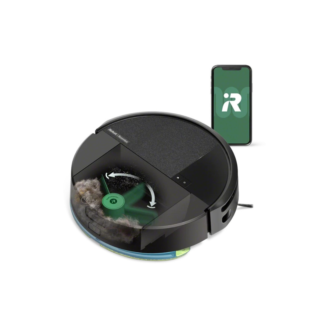 iRobot Roomba 205 DustCompactor Combo, showing debris collection and rotating brushes. Includes app control for ease of use. 