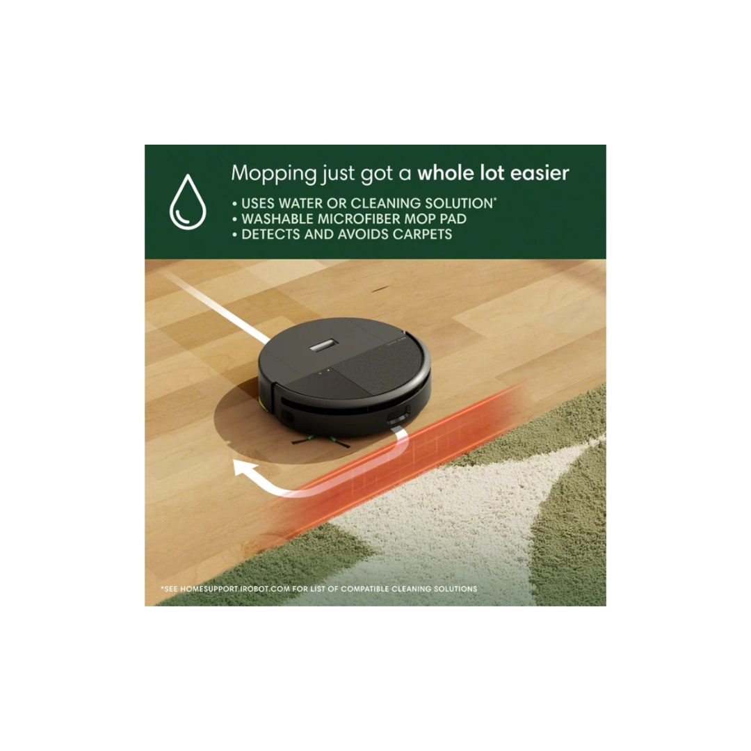 iRobot Roomba 205 DustCompactor Combo showing its mapping technology  and moping functions, uses water or cleaning solution, washable microfiber mop pad and detects and avoids carpets. 