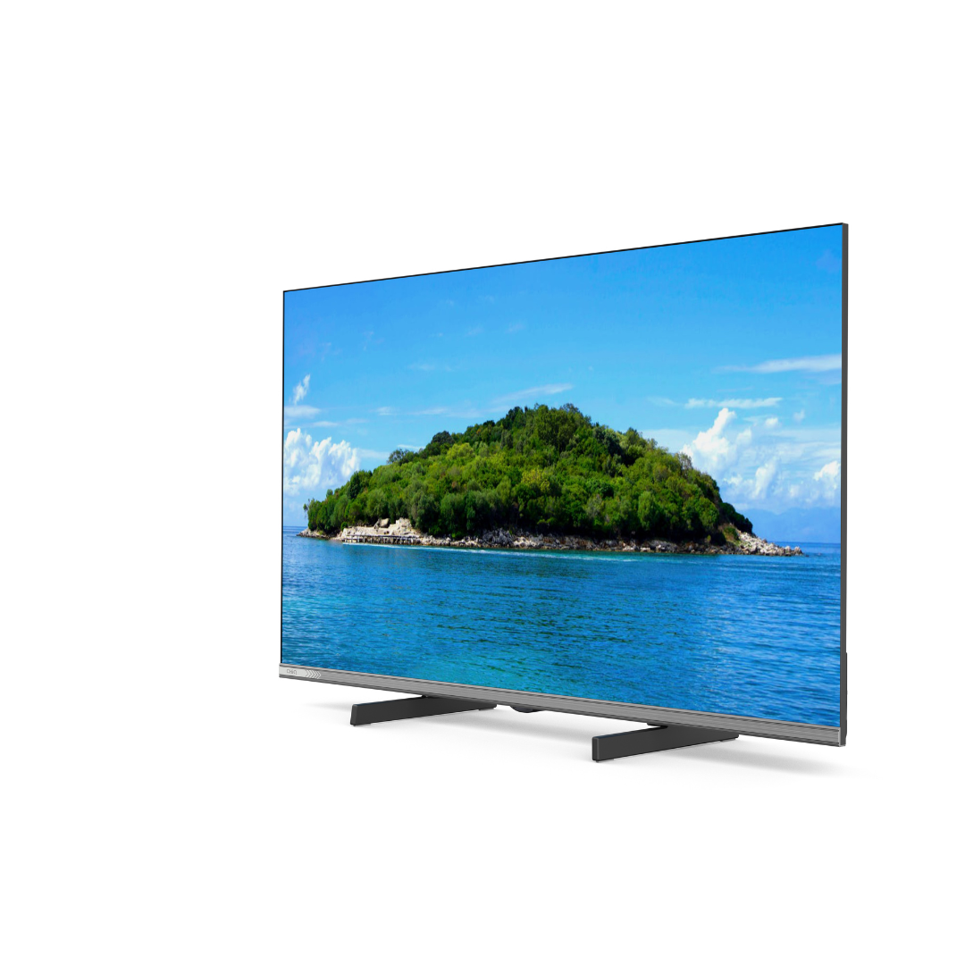 Angle view of the Chiq 32" LED HD Google TV, showing the modern design, great viewing angle and picture quality.