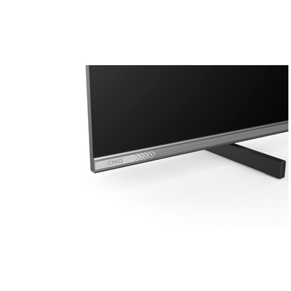 Close up view of the Chiq 32" LED HD Google TV, showing the slim bezels, modern stand design and build quality.