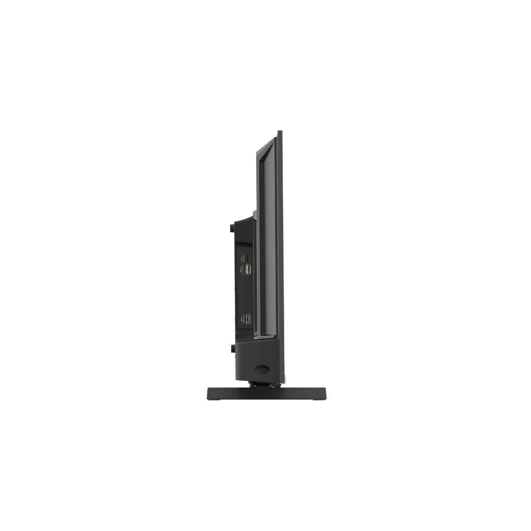 Side view of the Chiq 32" Portable LED HD Google TV, showing the connection ports, depth of the TV and the build quality. 