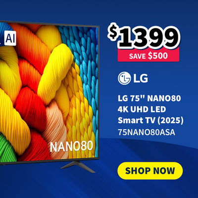 LG 75" NANO80 4K UHD LED Smart TV with colorful yarn display on a blue background - on sale now $1399 - Save $500
