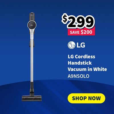 LG cordless handstick vacuum cleaner on a blue background with promotional text - on sale now $299 - Save $200