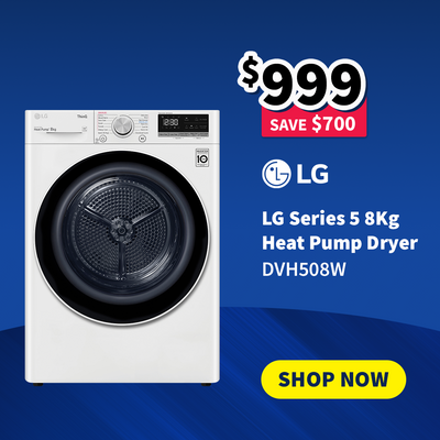LG Series 5 8Kg Heat Pump Dryer with price and save amount on a blue background - on sale now $999 - Save $700