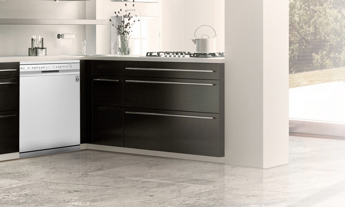 LG White Dishwasher featured beside black kitchen cabinets in an open kitchen