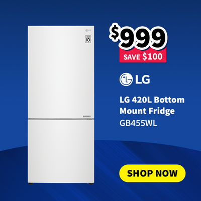 LG bottom mount refrigerator with promotional text on sale now $999 - Save $100 on a blue background