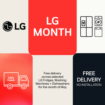  LG Month promo with offers on appliances. Features LG logo, “LG MONTH” text, red delivery truck, and “FREE DELIVERY NO INSTALLATION” offer for May at Bi-Rite Home Appliances 
