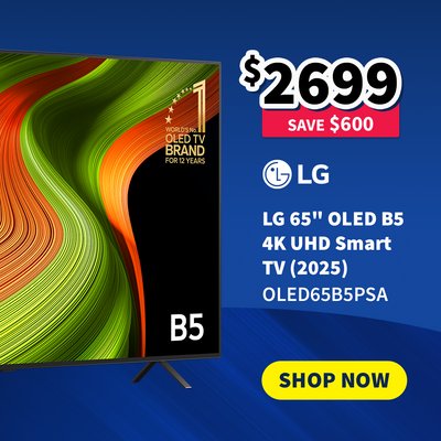 LG 65'' OLED B5 TV with promotional text on a blue background - on sale now $2699 - Save $600