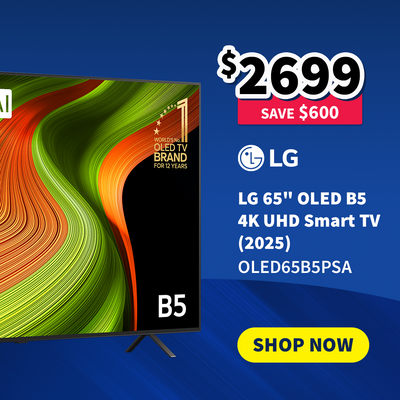 LG 65'' OLED B5 4K UHD Smart TV with price and promotional text on a blue background - on sale now $2699 - Save $600