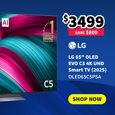 LG OLED TV with promotional text on a blue background - on sale now $3499 - Save $800