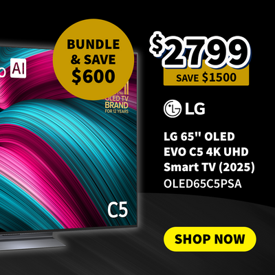 LG 65-inch OLED TV with promotional text on sale now $2799 - save $1500, Bundle and save an extra $600 on a black background