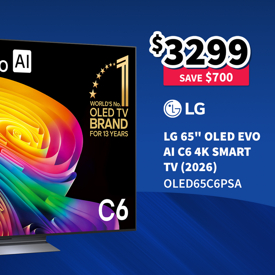 Promotional graphic for an LG C6 65-inch OLED EVO AI smart TV, showing a side view of the black TV frame with a colorful abstract display. Text on a blue background highlights the price of $3299, a $700 savings offer, and model number OLED65C6PSA.