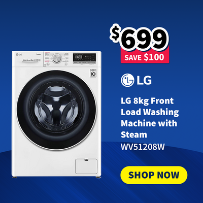 LG washing machine with promotional text - on sale now $699 - Save $100 on a blue background