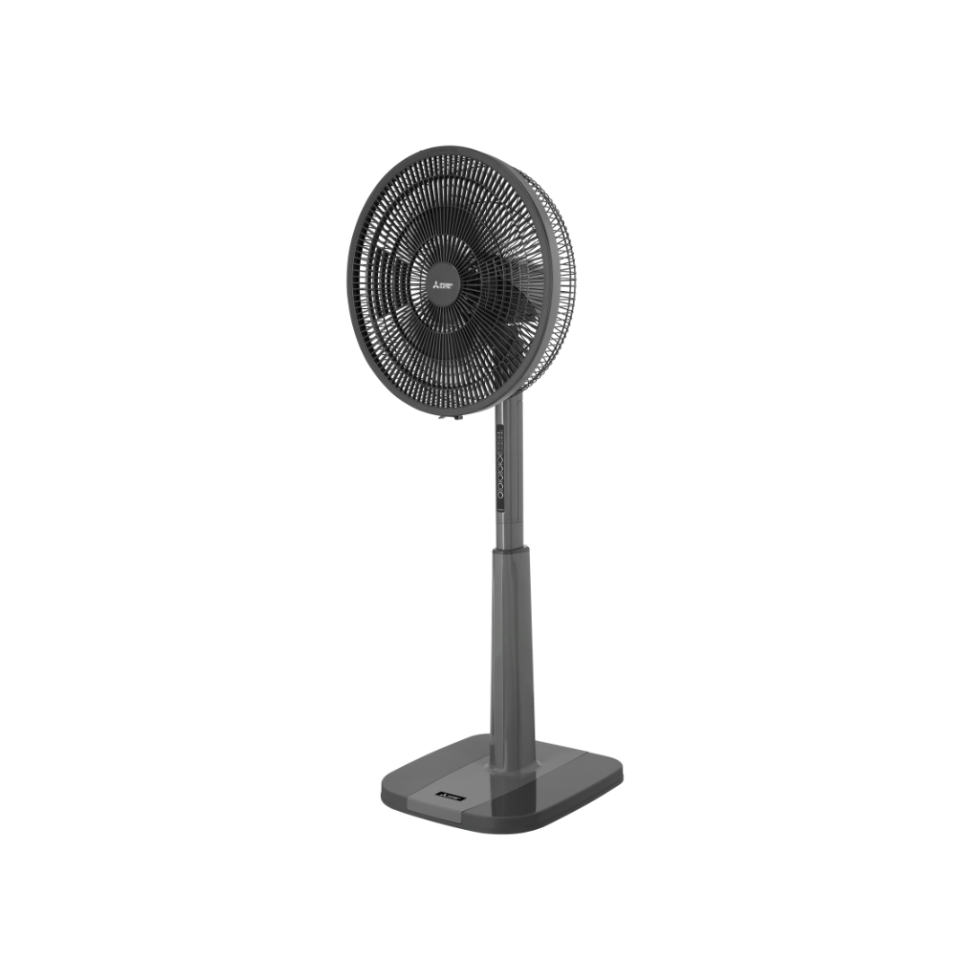 Mitsubishis Electric pedestal fan at an angle on a white background. 