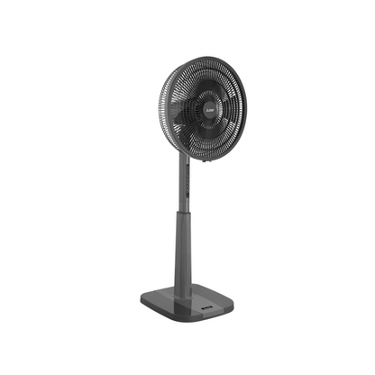 Mitsubishi Electric Pedestal fan at an angle on a white background. 