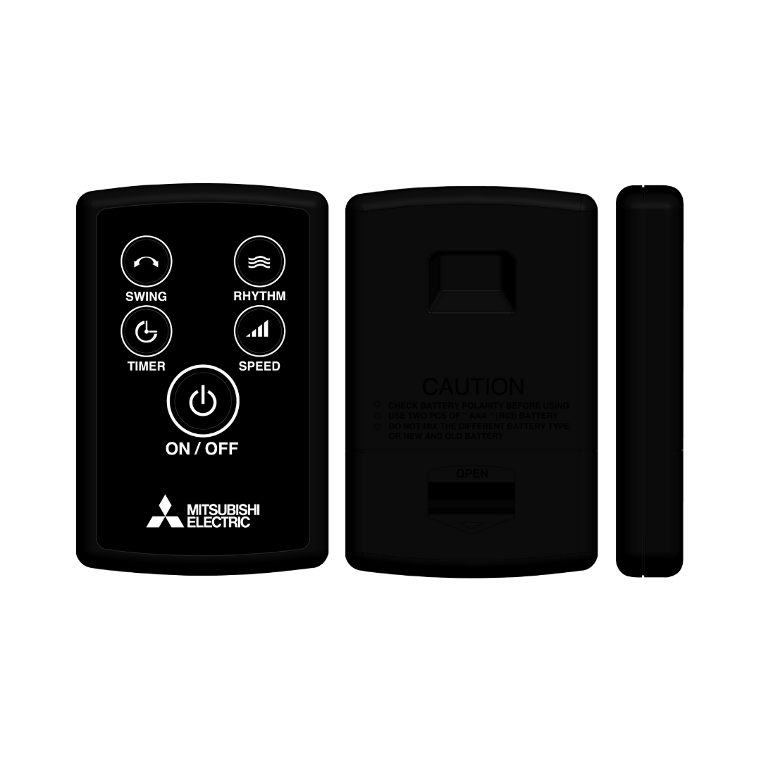 Black remote control  for the Mitsubishi Electric pedestal fan with Mitsubishi Electric logo on a white background